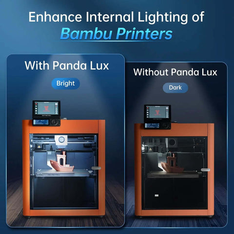 Comparison of a Bambu 3D printer with and without the BIQU Panda Lux LED Light Strip Upgrade Kit For Bambu Lab P1S P1P X1C X1E