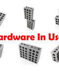Top Shelf Machinist Block Hardware Kit With Heavy Duty Bolts Secure Lock Nuts And Sturdy Washers For Knockout Modular Fixture Builds and Bulletproof Workshop Grade Setup, six gray machinist blocks positioned creatively.
