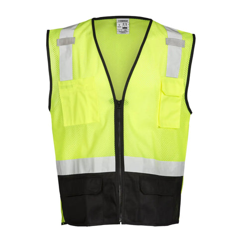 Boss Level Hi Vis Reflective Safety Vest Built Different To Keep You On Point All Shift Long With Durable Zipper Closure And Smart Black Bottom Mesh Panels For Road Work Projects. Front view showing bright lime mesh and black polyester base.