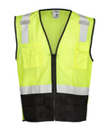 Boss Level Hi Vis Reflective Safety Vest Built Different To Keep You On Point All Shift Long With Durable Zipper Closure And Smart Black Bottom Mesh Panels For Road Work Projects, front view with six pockets.