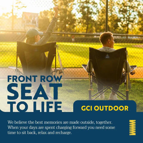Two people sitting in Comfort Pro Rocker Folding Outdoor Chair For Camping And Backyard Hangouts Collapsible Rocking Chair