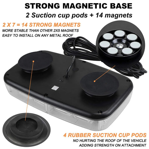 Roof-top emergency strobe light with black housing and clear lens, 48 LEDs, dual suction-cup mounts, power cable.