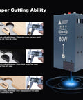 80W Laser Module With Built In Air Assist And Fixed Focus, 10W Optical Output, showing super cutting ability on wood and acrylic.