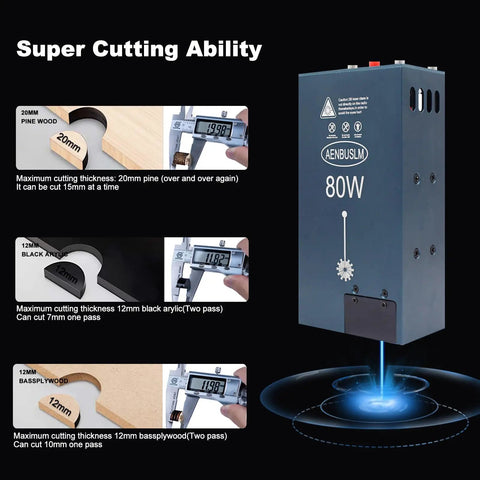 80W Laser Module With Built In Air Assist And Fixed Focus, 10W Optical Output, showing super cutting ability on wood and acrylic.