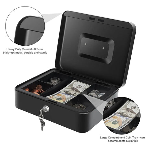 Open Sturdy Locking Cash Box With Pull Out Tray And Five Compartment Organizer Large Metal Safe Box for cash, keys, and jewelry.