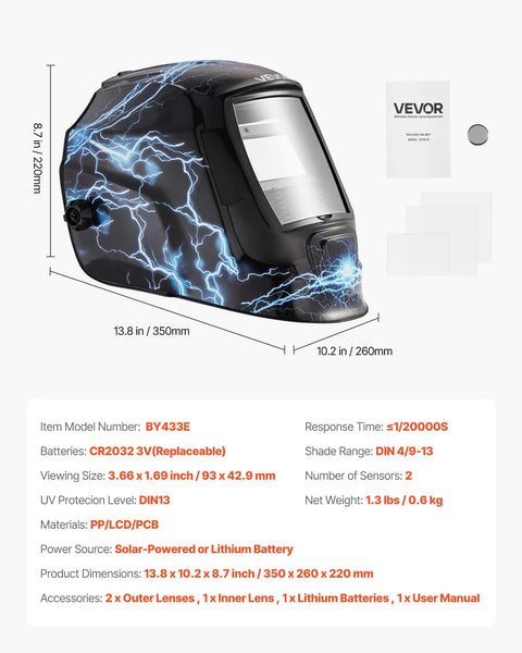 Auto Darkening Welding Helmet With Big 4.25 By 3.23 Inch View, True Color Lens, Solar Powered, angled side view with dimensions
