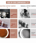 Side-by-side comparison of Electric 58mm Espresso Tamper With Adjustable Pressure And Auto Height Stand For Leveling Up Your Coffee Setup And Pulling Consistent Shots That Truly Hit Different In Classic White and manual coffee tamper.
