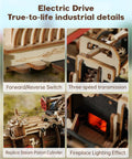 Close-up details of the Electric Vintage Steam Engine 3D Puzzle Kit For Adults, showing gear mechanisms and lighting effects.