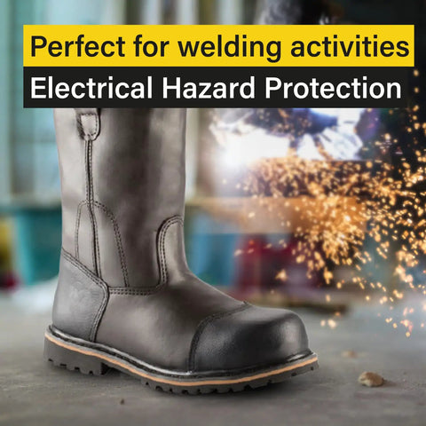 Rugged Oilfield Welder Boots With Composite Toe, Waterproof Leather Construction, sparking background, brown