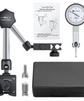 Dial Test Indicator Set With Magnetic Base, tool components and case in view, 0-0.03 Inch Travel And 0.0005 Inch Precision, silver.