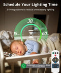 4 Pack Rechargeable Battery Operated Ceiling Light With Motion Sensor And Remote showing timer options next to sleeping baby