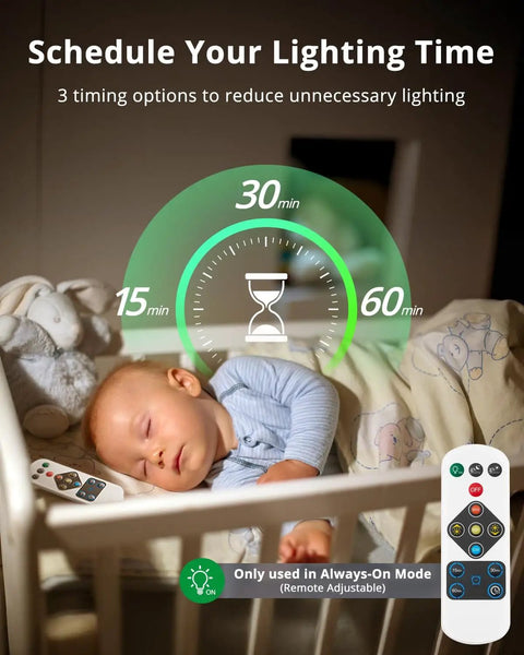 4 Pack Rechargeable Battery Operated Ceiling Light With Motion Sensor And Remote showing timer options next to sleeping baby