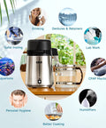 Image displaying the 4L Brushed Stainless Steel Tabletop Water Distiller With Glass Pot, Home Distiller For Clean Purified Water In Minutes, Kitchen Or Office Use, Easy To Operate And Maintain, surrounded by icons showing uses for purified water like drinking, lab work, and cooking.