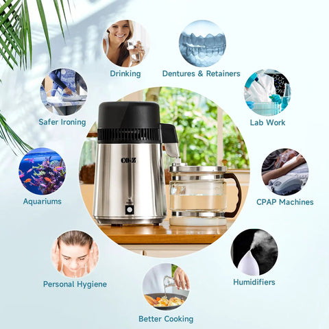 Image displaying the 4L Brushed Stainless Steel Tabletop Water Distiller With Glass Pot, Home Distiller For Clean Purified Water In Minutes, Kitchen Or Office Use, Easy To Operate And Maintain, surrounded by icons showing uses for purified water like drinking, lab work, and cooking.