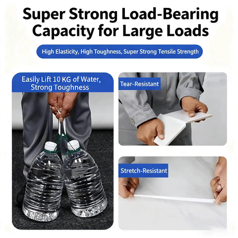 Demonstration of a super strong, tear and stretch-resistant material lifting 10kg weight, showcasing high tensile strength.