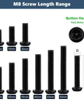 M8 screw length range display showing various sizes from 12mm to 50mm in heavy duty black oxide finish.