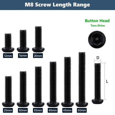M8 screw length range display showing various sizes from 12mm to 50mm in heavy duty black oxide finish.