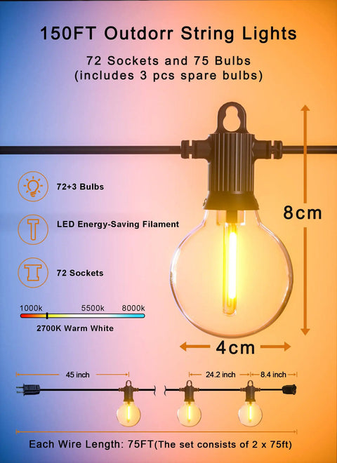 Outdoor String Lights 150 Ft With 75 Shatterproof G40 Globe Bulbs 3 Spares Waterproof Dimmable LED Patio Lights For Backyard Porch Balcony Connectable 2x75ft Run Energy Efficient Weatherproof