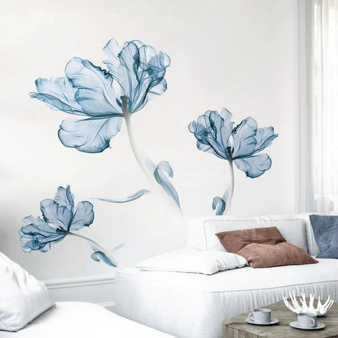 Large Dope Blue Floral Wall Decal Set For Bedroom, Living Room, Office, And TV Backdrop, DIY Vinyl Mural Art on white wall