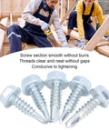 Five zinc-plated self-drilling screws with hex heads, DIY workers in background, No Pre Drilling Needed Self Drilling Screw Kit 4.8x19mm.