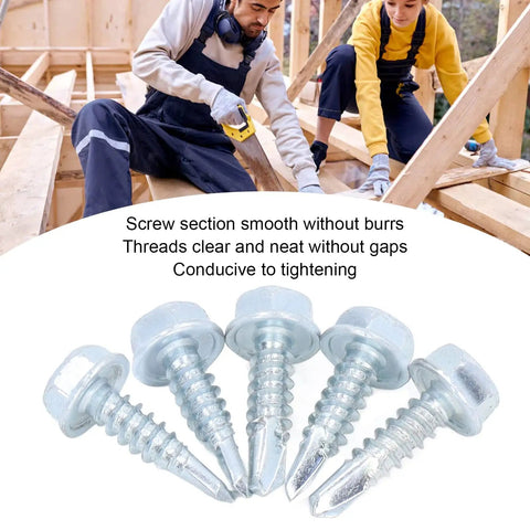 Five zinc-plated self-drilling screws with hex heads, DIY workers in background, No Pre Drilling Needed Self Drilling Screw Kit 4.8x19mm.