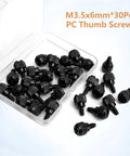 30 Piece M3.5 Thumb Screws 6X32 standard six mil knurled Phillips head fasteners in a storage box, black stainless steel.