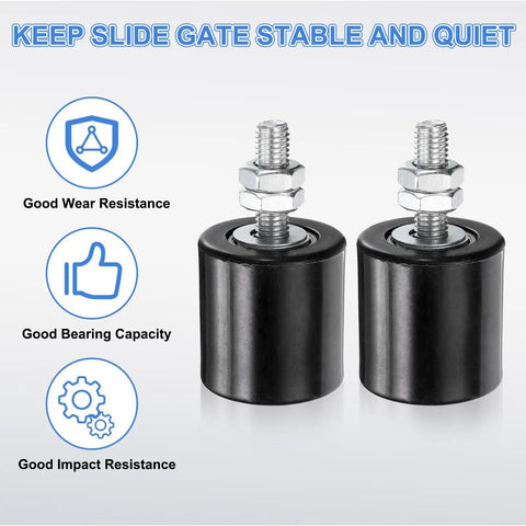 2 Pack Sliding Gate Guide Rollers With 1.7 Inch Nylon Wheels And Sealed Bearings, black rollers with bolts