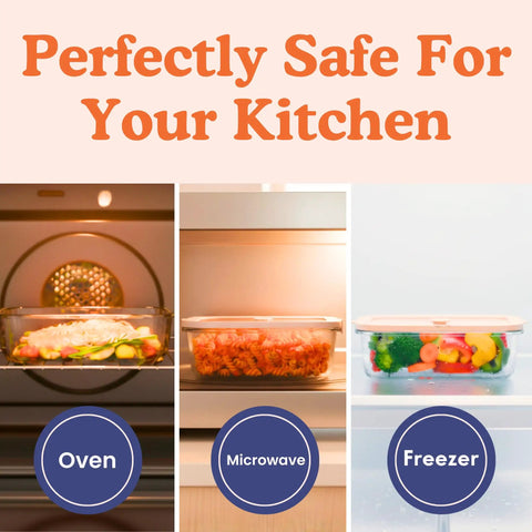 Non Toxic 35 Oz Glass Storage Containers With Lids For Plastic Free Meal Prep, Airtight Food Storage, Microwave And Freezer Safe, Borosilicate Glass shown in oven, microwave, freezer