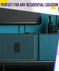 Image showing a black gloss finish blank device wall plate installed on a blue cabinet, 1 gang, 4.50 x 2.76 inches, polycarbonate.