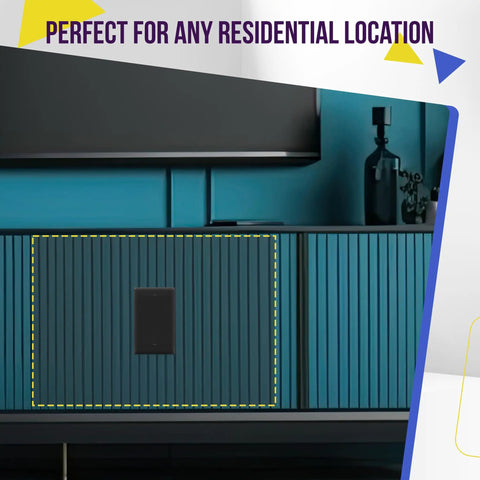 Image showing a black gloss finish blank device wall plate installed on a blue cabinet, 1 gang, 4.50 x 2.76 inches, polycarbonate.