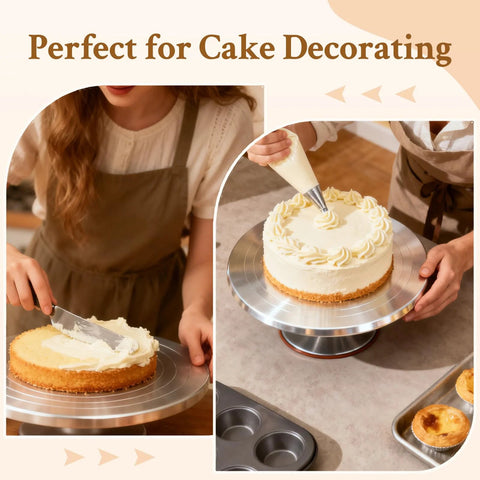 Yncotte 12-inch aluminium pottery wheel turntable used for cake decorating with piping frosting.