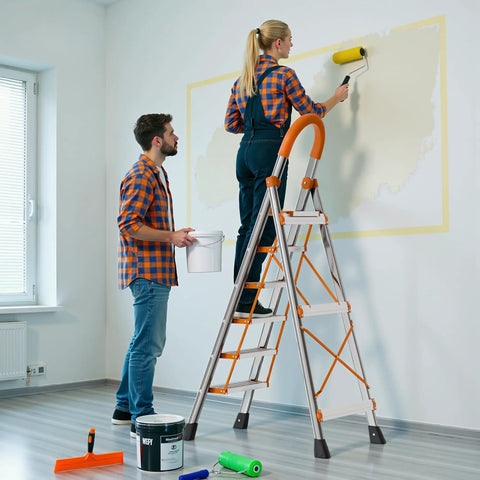 8 Step Folding Ladder With Wide Anti Slip Pedal Built Tough Steel Step Stool With D Shaped Frame Convenient Handrail Lightweight Yet Durable Portable For Home Kitchen Garage 200 Lb Load Capacity used for indoor painting