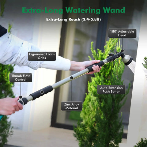 Extra Long All Metal Telescoping Watering Wand With 180 Degree Adjustable Ratcheting Head And Four Spray Patterns, Thumb Flow Control