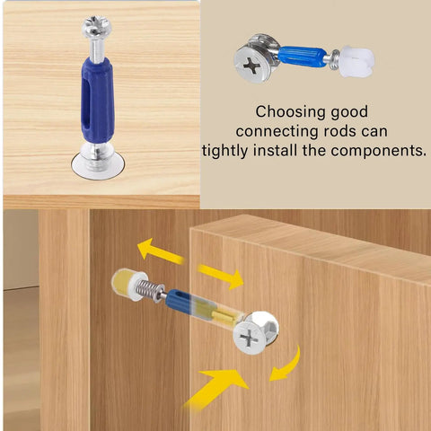 Top Shelf Cam Lock Hardware Kit With 124 Pieces For Cabinet And Drawer Installation includes cam lock connector on wood.