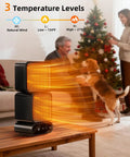 Portable Dual-Head Space Heater With Remote on a table, warming a room with a dog and Christmas tree, 270 degree rotation shown