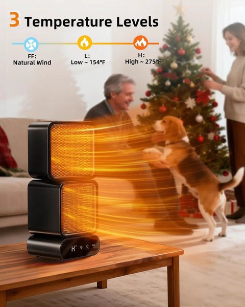 Portable Dual-Head Space Heater With Remote on a table, warming a room with a dog and Christmas tree, 270 degree rotation shown