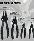 Four 90° bent pliers from 14 Piece Snap Ring Pliers Set With Internal And External Circlips Pliers Including 45 Degree Bent 90 Degree Bent And Straight Pliers Hook And Pick Pro Grade Heavy Duty Removal Tool With Storage Case And Gloves For Easy Ring Removal, varying in tip sizes.