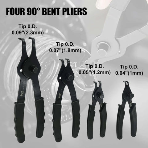 Four 90° bent pliers from 14 Piece Snap Ring Pliers Set With Internal And External Circlips Pliers Including 45 Degree Bent 90 Degree Bent And Straight Pliers Hook And Pick Pro Grade Heavy Duty Removal Tool With Storage Case And Gloves For Easy Ring Removal, varying in tip sizes.