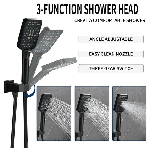 3-function shower head with adjustable angle, easy clean nozzle, and three gear switch. Matte Black Shower Faucet Set With 10 Inch Stainless Steel Rainfall Head, Pressure Balance Valve Cartridge, Rough in Valve Trim Kit, And Shower Fixture Combo, cUPC Certified, Lifetime Warranty displayed.