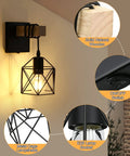 Black Wall Sconce Set With On Off Switch Dimmable Cage Wall Mount Light Fixture Industrial Farmhouse Lighting Pack Of 2 Vintage Cage Shade Lamp For Living Room Or Bedroom featuring wood base, metal cage shade, and dimmable light