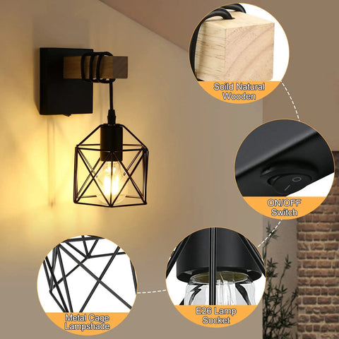 Black Wall Sconce Set With On Off Switch Dimmable Cage Wall Mount Light Fixture Industrial Farmhouse Lighting Pack Of 2 Vintage Cage Shade Lamp For Living Room Or Bedroom featuring wood base, metal cage shade, and dimmable light