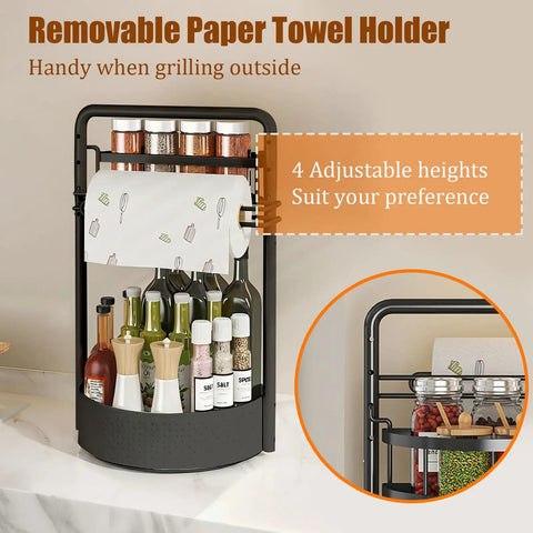 Rotating Spice Rack With Paper Towel Holder No Fuss Two Tier Lazy Susan For Spices Iron Kitchen Organizer with bottles.