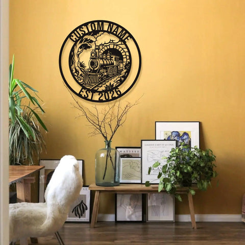 Custom Train Name Metal Wall Art With EST Year Vintage Steam Locomotive Sign for Train Lovers on wall in home setting