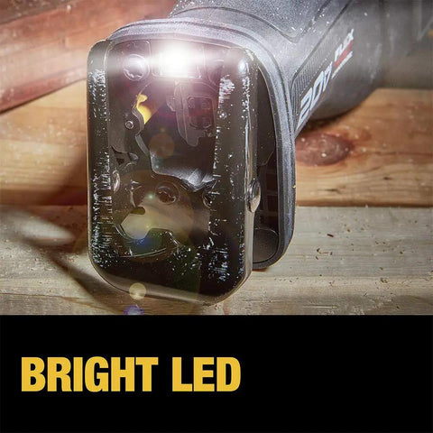Heavy Duty Cordless Reciprocating Saw With Flexvolt Power And One Point One Two Inch Strokes For Fast Demolition Jobs Totally No Sweat Quick Blade Swaps Tool Only showing bright LED light for visibility.