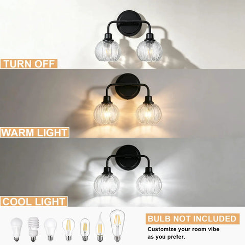 TODOLUZ 2-Light Clear Ribbed Glass Wall Sconce Lighting showcasing off, warm, and cool light settings, matte black finish.