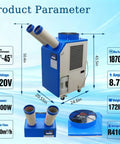 Heavy Duty 220V Industrial Air Conditioner Featuring Dual Adjustable Ducts And Intelligent Digital Panel Portable Spot Cooler dimensions and specifications.