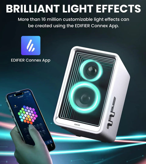 Desktop Active Monitor Speakers With 70W Total Power Hi Res Audio Two Point Seven Five Inch Long Throw Aluminum Diaphragm Mid Low Drivers Bluetooth Streaming Includes Stands White Finish Crisp Studio Quality Sound with LED light effects and smartphone control.