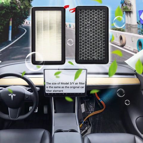 Top Tier 2 Pack Activated Carbon Cabin Air Filter Replacement For Tesla Model 3 And Model Y Featuring He Pa Grade Mesh in car interior