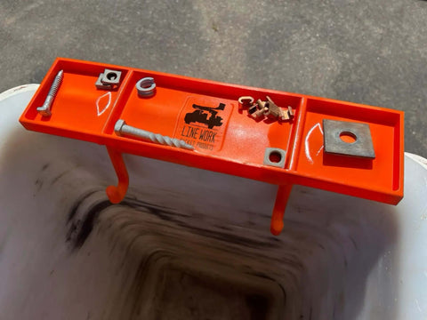 Glove Friendly Utility Rack Tray With Raised Center For Small Parts Heavy Duty Polymer Bucket Organizer For Lineman Buckets Easy One Hand Grabbing Of Nuts Bolts And Connectors On Elevated Jobs in orange
