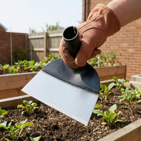 Gloved hand holding Beefy Heavy Duty Garden Hoe Head For Weeding And Digging, Round Eye Hand Hoe Tool in garden setting